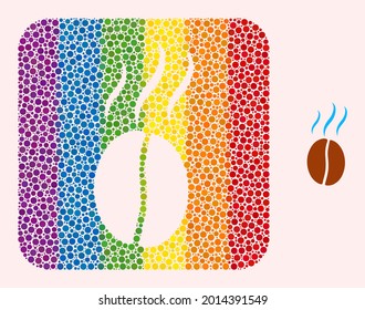 Dot mosaic smell coffee bean subtracted pictogram for LGBT. Rainbow colored rounded rectangle mosaic is around smell coffee bean subtracted shape. LGBT rainbow colors.