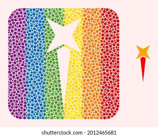 Dot mosaic starting star subtracted icon for LGBT. Multicolored rounded square mosaic is around starting star subtracted space. LGBT rainbow colors.
