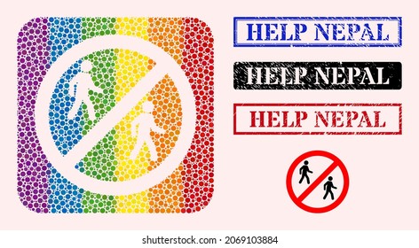 Dot mosaic stop pedestrian men hole icon for LGBT, and grunge HELP NEPAL seal stamps. Rectangle stamps have HELP NEPAL title inside frames.