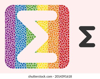 Dot mosaic sum carved icon for LGBT. Color rounded square mosaic is around sum carved shape. LGBT rainbow colors. Vector sum combination of circle elements.