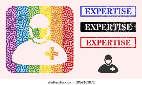 Dot mosaic surgeon doctor carved icon for LGBT, and grunge EXPERTISE seal stamps. Rectangle stamps have EXPERTISE text inside frames.