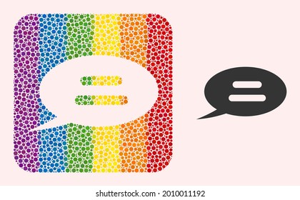 Icono de agujero de mensaje de texto de mosaico de puntos para LGBT. El collage cuadrado redondeado de color arcoiris está alrededor de un agujero de mensaje de texto. Colores del arcoiris LGBT. Composición del mensaje de texto vectorial de los elementos esféricos.