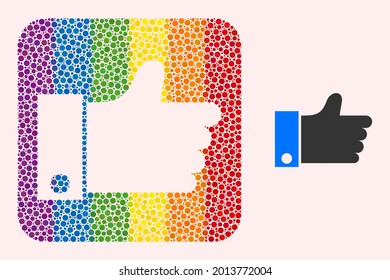 Pictograma de esténcil con mosaico de puntos para LGBT. El mosaico cuadrado multicolor redondeado se encuentra alrededor de la plantilla de pulgares hacia arriba. Colores del espectro LGBT. Combinación de píxeles de esfera con el dedo del vector hacia arriba.