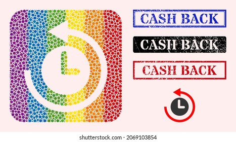 Dot mosaic time return rotation hole pictogram for LGBT, and grunge CASH BACK seals. Rectangle seals contain CASH BACK title inside frames.