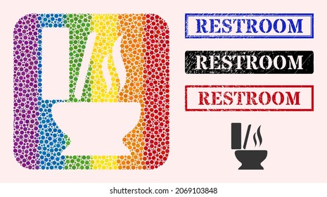 Dot mosaic toilet smell subtracted icon for LGBT, and grunge RESTROOM stamps. Rectangle stamp seals have RESTROOM title inside frames.