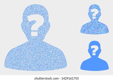 Dot and mosaic unknown person icons. Vector icon of unknown person organized of irregular circle pixels. Other pictogram is composed from dots.