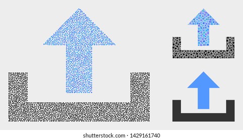 Dot and mosaic upload icons. Vector icon of upload constructed of scattered spheric dots. Other pictogram is constructed from square pixels.
