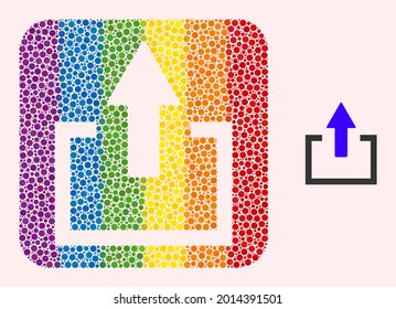 Dot mosaic upload subtracted pictogram for LGBT. Rainbow colored rounded rectangle collage is around upload subtracted shape. LGBT rainbow colors. Vector upload combination of spheric pixels.