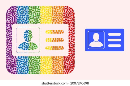 Icono de plantilla de la tarjeta de usuario de mosaico de puntos para LGBT. El mosaico de rectángulo redondeado colorido se encuentra alrededor de la galería de símbolos de la tarjeta de usuario. Colores del espectro LGBT. Composición de la tarjeta de usuario vectora de puntos redondos.