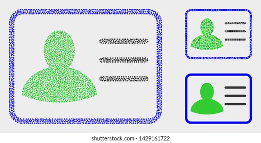 Dot and mosaic user card icons. Vector icon of user card designed of randomized round points. Other pictogram is designed from dots.
