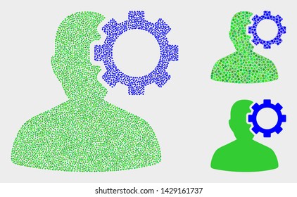 Dot and mosaic user options gear icons. Vector icon of user options gear composed of scattered spheric pixels. Other pictogram is composed from square pixels.