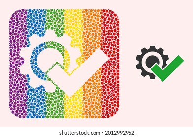 Dot mosaic valid gear subtracted pictogram for LGBT. Rainbow colored rounded square mosaic is around valid gear subtracted shape. LGBT rainbow colors. Vector valid gear composition of round items.