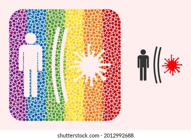 Piktogramm für LGBT wurde vom Punktmosaikvirus abgezogen. Farbiges, abgerundetes quadratisches Mosaik ist um das Virus Schild subtrahierten Raum. LGBT-Regenbogenfarben. Vektor-Virus-Schild Kombination aus sphärischen Punkten.