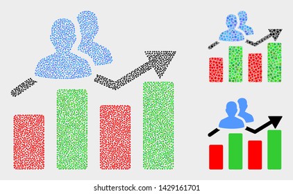 Dot and mosaic visitors bar chart icons. Vector icon of visitors bar chart organized of random round pixels. Other pictogram is constructed from square particles.