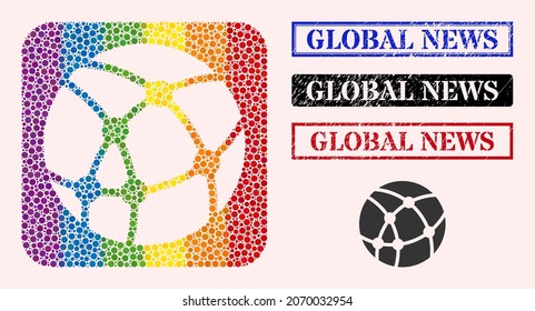 Dot Mosaic Web Sphere Hole Icon For LGBT, And Grunge GLOBAL NEWS Stamps. Rectangle Stamps Contain GLOBAL NEWS Caption Inside Frames.