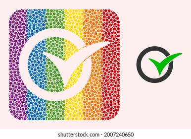 Dot mosaic yes vote stencil pictogram for LGBT. Rainbow colored rounded square mosaic is around yes vote subtracted space. LGBT rainbow colors. Vector yes vote composition of round points.