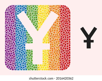 Dot mosaic yuan currency hole pictogram for LGBT. Rainbow colored rounded square mosaic is around yuan currency hole. LGBT rainbow colors. Vector yuan currency composition of spheric elements.