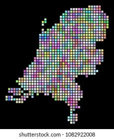 Dot Netherlands map. Vector geographic map in smoothed irregular colors on a black background. Vector collage of Netherlands map composed with regular rectangle elements.