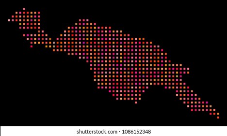 Dot New Guinea Island map. Vector geographical map in red color variations on a black background. Abstract collage of New Guinea Island map formed of regular square points.
