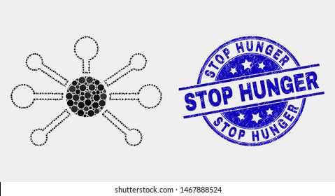 Dot node links mosaic pictogram and Stop Hunger seal stamp. Blue vector round distress watermark with Stop Hunger text. Vector composition in flat style.