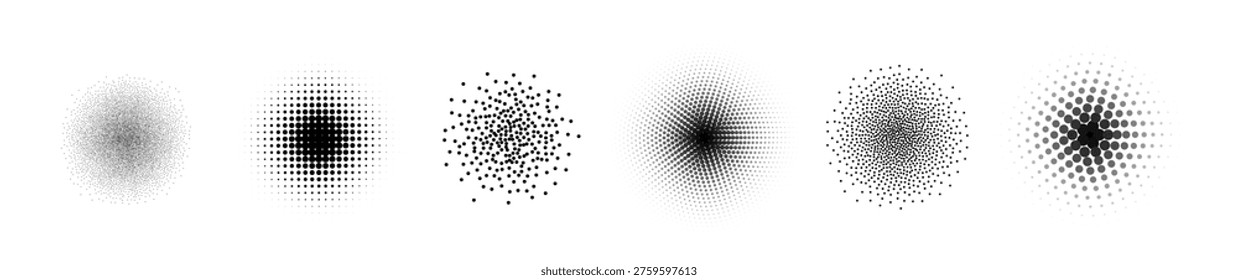 Dot noise brush effect set, grunge spray gradient lines. halftone stipple vector grainy airbrush strokes, dust brush texture, dot shadow background