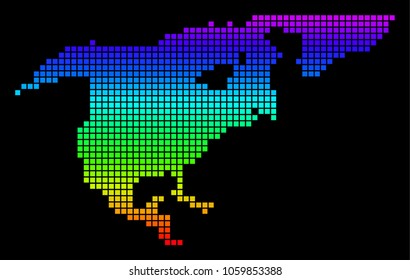 A dot North America Map. Vector geographic map in bright spectrum colors on a black background. Colored vector abstract concept of North America Map composed of square elements.