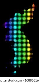 Dot North and South Korea map. Halftone geographical scheme in spectrum color shades with horizontal gradient on a black background. Vector pattern of North and South Korea map made of sphere dots.