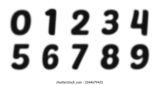 Dot Number Set 0-9. Pop art style. Halftone dotted backdrop. Dotted vector illustration isolated on a white background. Hexagon Dot. Halftone Number Set.