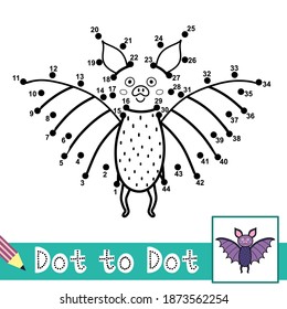 Dot to dot numbers game with a cute bat. Connect the dots activity page for kids. Educational puzzle for children. Vector illustration 