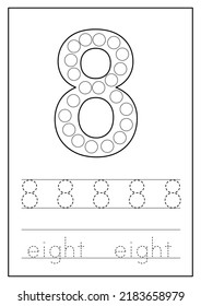 Ponga números de puntos para los niños. Números de aprendizaje. Hoja de cálculo en blanco y negro.