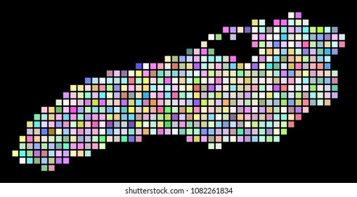 Dot Ontario Lake Map. Vector geographic map in variable colors on a black background. Vector composition of Ontario Lake Map organized with regular rectangle elements.