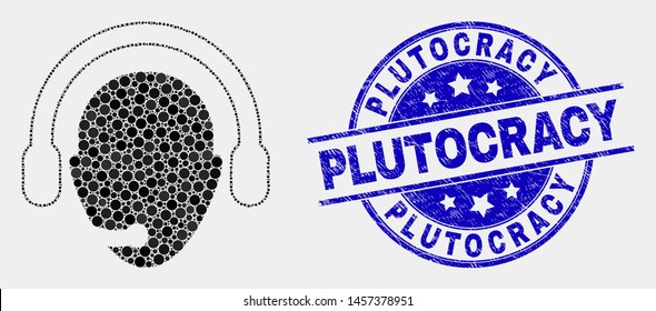 Dot operator head mosaic pictogram and Plutocracy seal stamp. Blue vector rounded distress seal stamp with Plutocracy phrase. Vector combination in flat style.