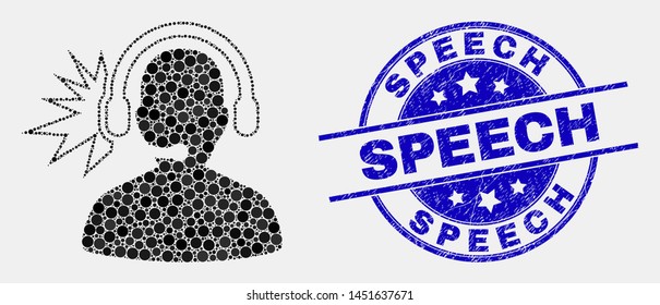 Dot operator loud signal mosaic icon and Speech seal. Blue vector round scratched seal stamp with Speech message. Vector collage in flat style.