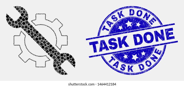 Dot options tools mosaic icon and Task Done watermark. Blue vector round scratched watermark with Task Done message. Vector composition in flat style.