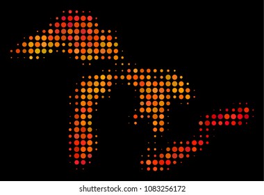 Dot orange Great Lakes map. Vector territorial scheme in orange color hues on a black background. Halftone collage of Great Lakes map made with spheric points.