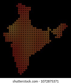 Dot orange India Map. Vector territorial map in orange color tints on a black background. Vector concept of India Map organized of contour circles.