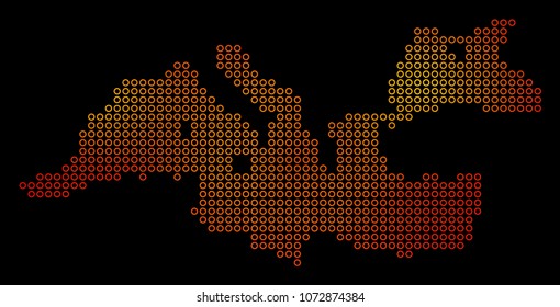 Dot orange Mediterranean Sea Map. Vector territory map in fire color tints on a black background. Vector composition of Mediterranean Sea Map organized of sphere dots.