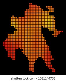 Dot orange Peloponnese Half-Island Map. Vector geographic map in fire color tones on a black background. Vector concept of Peloponnese Half-Island Map composed of square pixels.