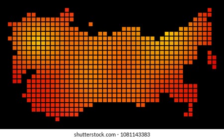Dot orange USSR Map. Vector geographical map in orange color hues on a black background. Vector composition of USSR Map combined of square pixels.