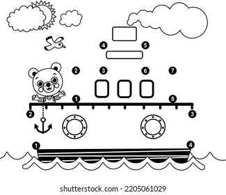 Dot to Dot and Painting Activity for Preschool Children. Connect the numbers on the ship with a line. Vector Illustration.