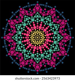  Dot painting beautiful mandala snowflake vector illustration multicolored on black background