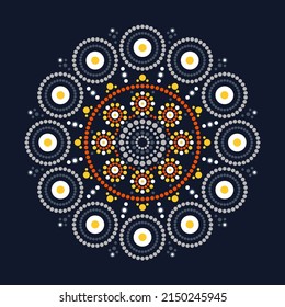 Dot painting mandala rangoli design. Tribal style whimsical decoration. Aboriginal circle ornament.