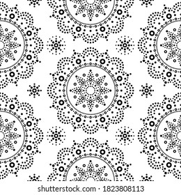 dot painting mandala seamless vector pattern, black bohemian Mandala vector dot art on white background, retro folk design inspired by traditional art from Australia. Repetitive background