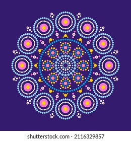 Dot painting mandala. Tribal style whimsical decoration. Aboriginal circle ornament.