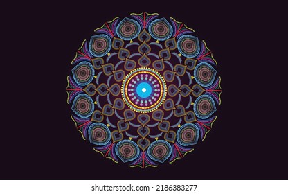 Dot painting meets mandalas, Circle shape mandala ornament art with colorful dot in a dark background, Indian style, henna, mehndi, vector, illustration 