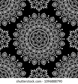 Dot painting monochrome vector seamless pattern with mandalas, Australian ethnic design, Aboriginal dots pattern in white.

Abstract mandala with dots background, circles 