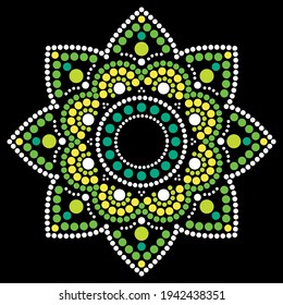 Dot painting vector ethnic mandala, traditional Aboriginal dot painting design, ethnic floral decoration from Australia. Abstract green and yellow mandala with dots, circles.