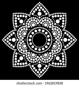 Dot painting vector ethnic mandala, traditional Aboriginal dot painting design, ethnic floral decoration from Australia in white on black background. Abstract monochrome mandala with dots, circles