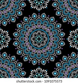 
Dot painting vector seamless pattern with mandalas, Australian ethnic design, Aboriginal dots pattern ethnic style.

Abstract mandala with dots background, blue and white circles 