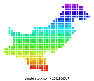 Dot Pakistan map. Vector territory scheme in bright rainbow color tinges with vertical gradient. Colored vector composition of Pakistan map combined from square cells.